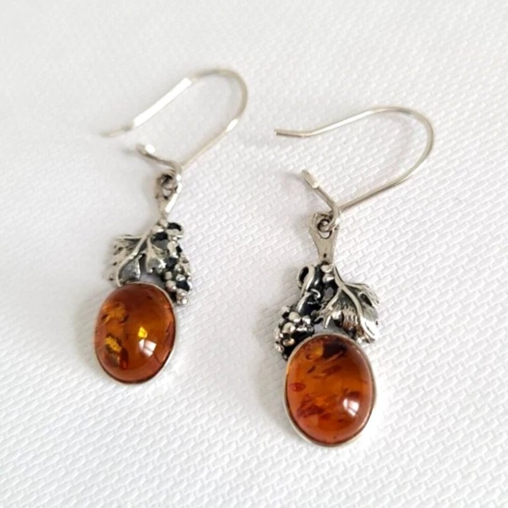 Vintage Sterling Silver Amber Cabochon Grapevine Leaf Boho Drop Dangle Earrings